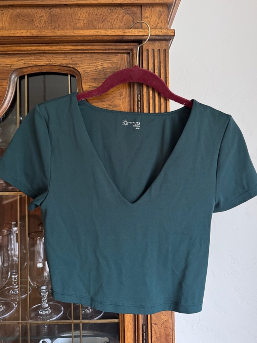aerie Deep Teal V-Neck Short Sleeve Crop Top